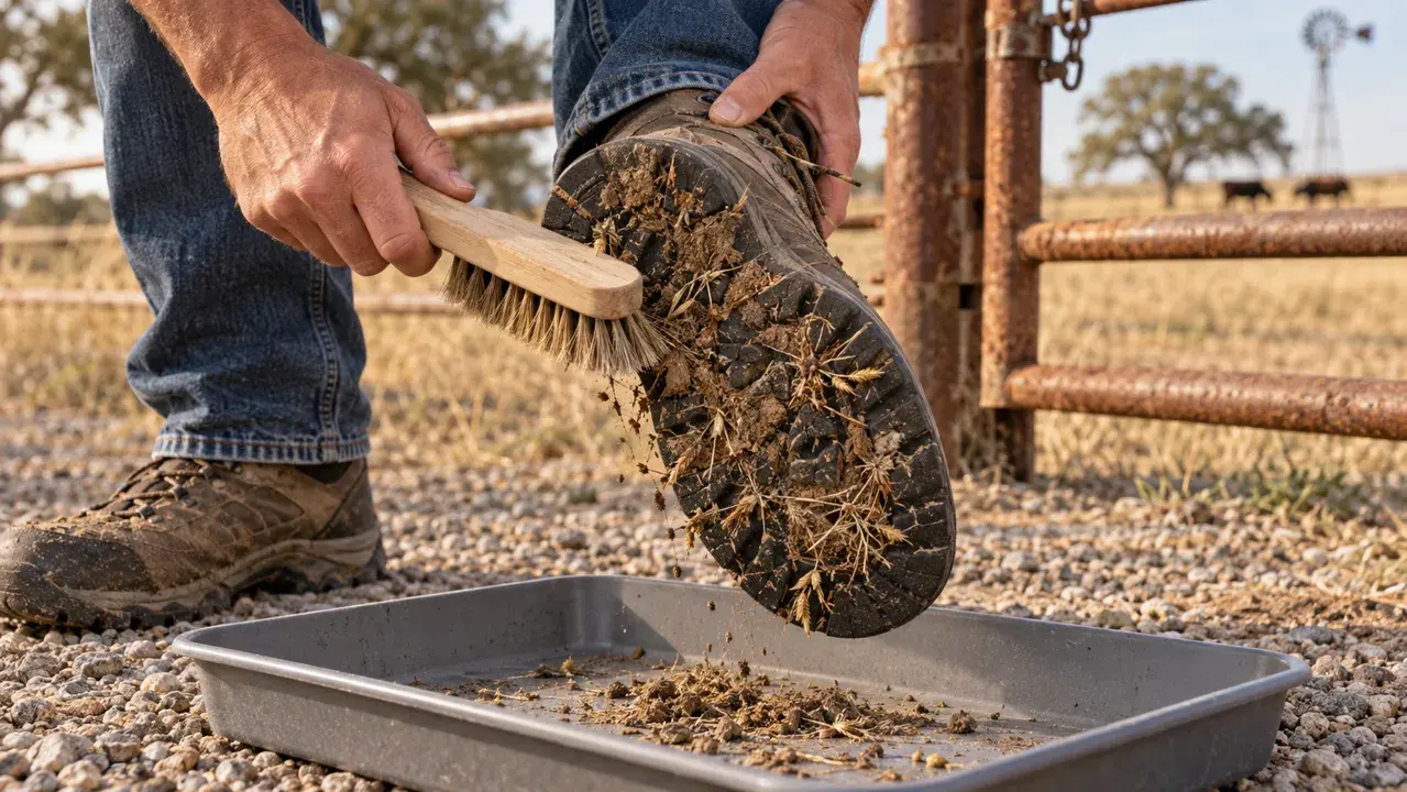 Illustrative close-up of a boot being brushed clean beside a Texas ranch gate