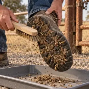 Illustrative close-up of a boot being brushed clean beside a Texas ranch gate